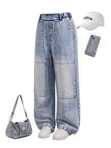 SHEIN 1pc Boy Teenager Loose Straight Leg Jeans Baby Blue,Summer,Street Life Casual Graphic Street Fashion,Graduation,Back-To-School Washed Patchwork Denim - Blue - View 8