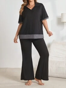 Plus Size Contrast Color Block Polo Collar Short Sleeve Flare Pants Pajamas Set - Black - View 6
