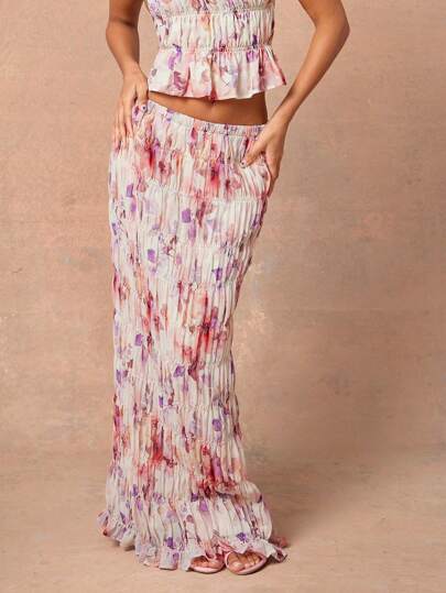 L'Amorae Sommarkvinnor, kvinnor, rosa och vit blommigt rynkad maxikjol enkel mode daglig casual, kvinnors kjolar, lång kjol. För dejtkvällar, konserter, föreställningar, fester, klubbar, kvällar, musikfestivaler, semester