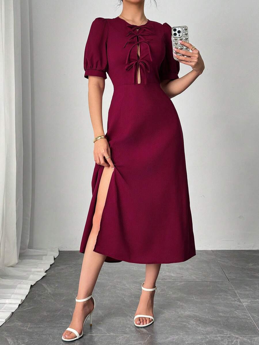 SHEIN Unity 优雅法式泡泡袖系腰勃艮第红色女式连衣裙 - 酒紅色 - 查看 1
