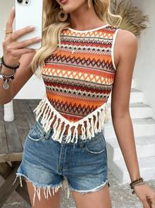 Breezaya Round Neck Asymmetrical Tassel Hemline Patchwork Women Tank Top - Orange - View 4