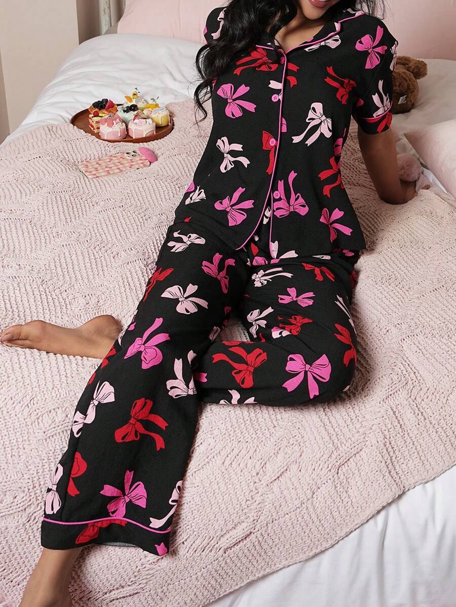 Bow Print Ruffle Decor Women's Shirt Collar Pajama Set - Black - View 1