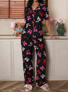 Bow Print Ruffle Decor Women's Shirt Collar Pajama Set - Black - View 5