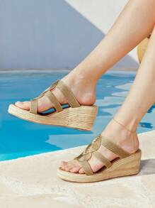 Styleloop Rope Woven Platform Thick Sole Sandals, Suitable For Party, Wedding, Daily Wear, Vacation - Gold - View 3