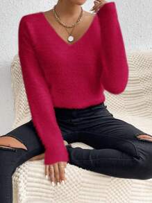 EMERY ROSE V-Neck Mink Cashmere Oversized Casual Soft Knitted Pullover Sweater, Autumn/Winter  Fall Outfit