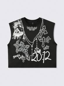 ROMWE MEN Street Life Men's Grunge Distressed Cross Print Crop Fit Tank Top - Black - View 2
