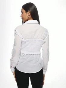 MISSGUIDED Elegant Shirred Waist Button-Down Blouse Professional Office Wear Long Sleeve Fitted Smart Casual Business Formal Work Top With Ruffled Detail - White - View 2