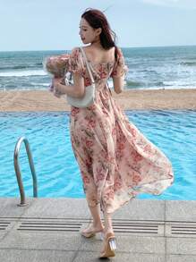 DAZY 女式甜心领系带正面花卉印花长款衬衫裙太阳裙