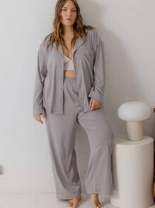 Aralina Curve Soft Jersey Relaxed-Fit Button Up Shirt And Wide-Leg Pants Lounge Set With Scrunchie