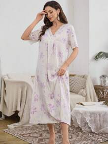 Camisón romántico de mujer con escote en V, manga corta, estampado floral y parches de encaje, perfecto para el verano y las vacaciones