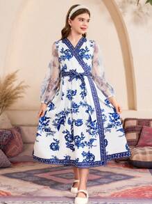 1 peça vestido estilo vintage com estampa floral e emenda francesa, manga bufante longa, cintura franzida, primavera/verão - Branco - Ver 1