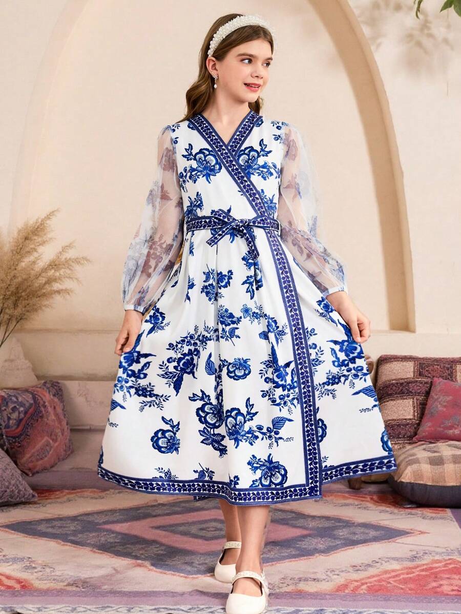 1 peça vestido estilo vintage com estampa floral e emenda francesa, manga bufante longa, cintura franzida, primavera/verão - Branco - Ver 1