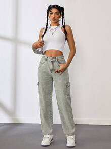 SHEIN Tall Women's Casual Fitted Tapered Cargo Jeans - Army Green - View 5