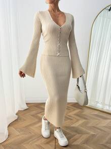 EURMUSE Women Solid Color Rib Knit Flair Sleeve Front Button Cardigan & Sweater Skirt Set - Cream - View 5