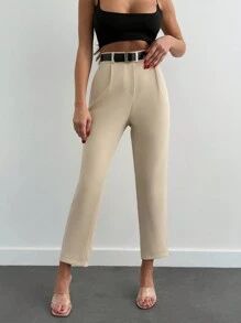 SHEIN Cottnline Women Creased Straight Leg Trousers With Slanted Pockets - Beige - View 4