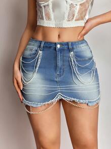 SHEIN SXY Denim Rock in Blau, neuer leichter, dehnbarer, körperbetonter Minirock mit Perlendetail für den Sommer, modisches Design - Blau - Übersicht 7