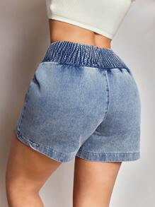 SHEIN SXY High Waist Denim Shorts For Women, Summer New Loose Elastic Waist Wide Leg A-Line Sexy Shorts - Blue - View 2