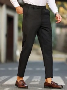 Manfinity Mode Plus Size Men's Plain Front Button Pocket Casual Suit Pants - Black - View 5