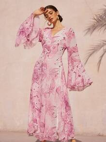 Femmeiva French Romantic Floral Print V-Neck Flare Sleeve Cinched Waist Ruffle Hem Long Chiffon Dress For Women Boho Vacation Fashionable Style For Spring Fall - Multicolor - View 5