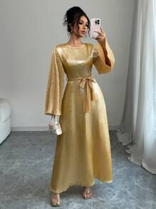 Chiquease Women's New Round Neck Fitted Pleated Long Sleeve Elegant Tie-Waist French Style High-End Dress, Spring/Summer - Gold - View 6