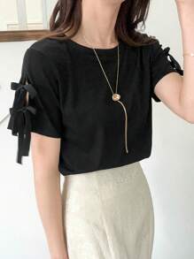 FRIFUL 女式甜美学院风黑色蝴蝶结T恤，夏季