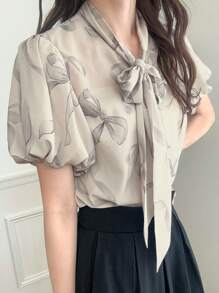 FRIFUL Women's Bowknot Ditsy Floral Blouse With Puff Sleeves, Tie Neckline, Elegant Design For Summer