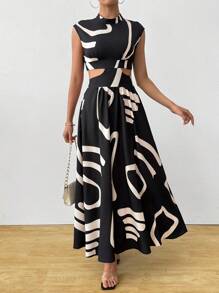 Vavine 女士立领无袖印花镂空简约休闲连衣裙 - 黑色 - 查看 6