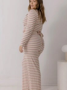 Aralina Curve 休闲针织条纹直筒睡裤 - 藕粉色 - 查看 4