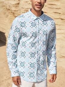 Manfinity Homme Camisa casual de manga larga con cierre de botones al frente y estampado total para hombre