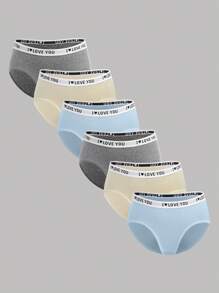SHEIN 6pcs/Pack Tween Girls' Minimalist Comfortable Letter Elastic Waist Seamless Briefs - Beige - View 1