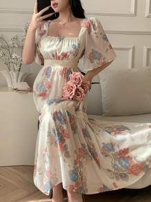 DAZY 女士中长款碎花连衣裙，春夏优雅，挤奶女工连衣裙