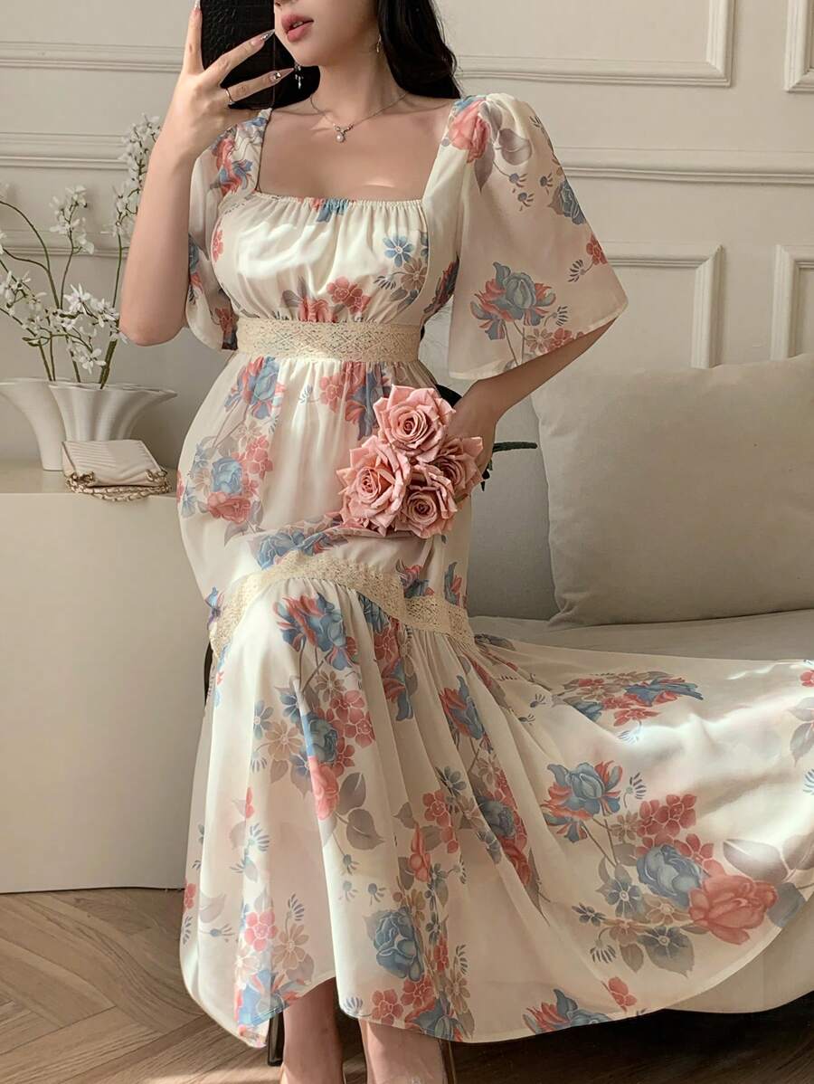 DAZY 女士中长款碎花连衣裙，春夏优雅，挤奶女工连衣裙