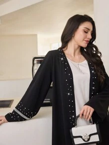 Al Najma Women's Elegant Luxurious Beaded Pearl Long Abaya Robe,Modest - Black - View 1