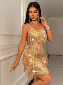 Allurite 女式修身无袖亮片细肩带连衣裙，流苏装饰迷你细肩带连衣裙，简约设计性感派对细肩带连衣裙，约会之夜连衣裙，飞来波女郎细肩带连衣裙派对服装，毕业典礼细肩带连衣裙，短款女式细肩带连衣裙，生日细肩带连衣裙，女式鸡尾酒会细肩带连衣裙，生日细肩带连衣裙，女式短款细肩带连衣裙，金色细肩带连衣裙，女式细肩带连衣裙