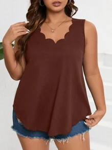 SHEIN LUNE Plus Size Women Solid Color Arched Hem V-Neck Casual Tank Top