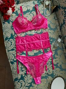 3pcs/Set Women Sexy Lace Bra Set With Underwire, Rose Red - Hot Pink - View 8