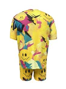 Manfinity Dauomo Plus Size Men's Smiling Face Street Cartoon Patchwork Graffiti Short Sleeve T-Shirt And Shorts Set - Multicolor - View 2