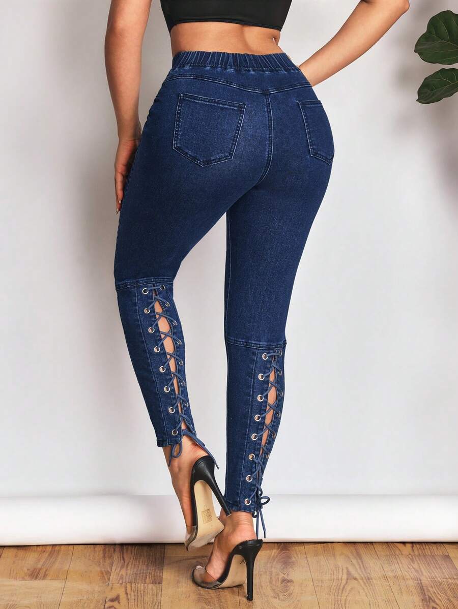 SHEIN SXY 美式女式牛仔裤，夏季新款松紧腰带搭配抽绳设计，修身紧身裤腿