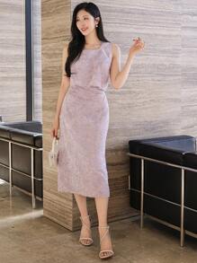 DAZY 2 件套女士方领短款吊带背心上衣和裙子花卉印花套装 - 紫色 - 查看 4