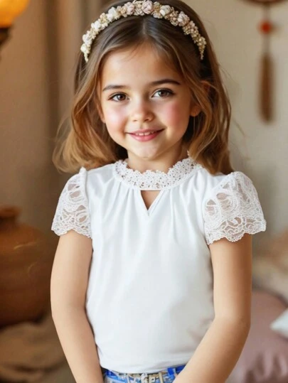 SHEIN Elladie kids Young Girl Elegant Lace White Short Sleeve Shirt, Spring/Summer New Arrival Summer Holiday