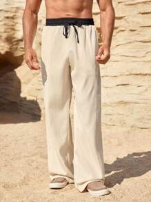Manfinity Homme Pantalones rectos casuales para hombres con cintura de cordón y contraste de color
