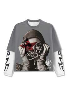 Manfinity EMRG Men's Letter & Figure Print Long Sleeve Casual T-Shirt, 2 In 1 Design - Multicolor - View 5