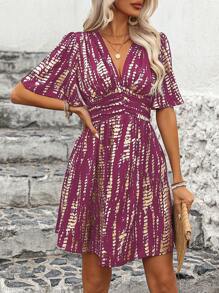 Breezaya 扎染荷叶边袖腰部中长连衣裙度假海滩装女装 - 中紫紅色 - 查看 5