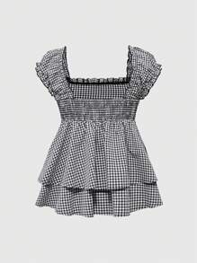 ROMWE Kawaii Spring|Summer Carnival Casual Plaid Girly Bowknot Decor Square Collar A-Line Plaid Babydoll Blouse - Black - View 2