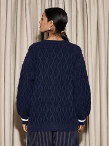 AiiRZ Luxury Cable Knit Button-Front Cardigan With Varsity Stripe Cuffs V-Neck Designer Knitwear Chunky Winter Sweater Cozy Holiday Fashion - Navy Blue - View 2