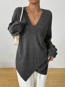 Chiquease 女式不对称下摆宽松 V 领衬衫