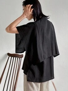 FRIFUL Women's Black Loose Shirt With Sleeve Design, Business Casual Summer Wear Linen - Black - View 5