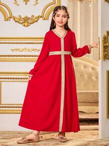 Tween Girls Chiffon Arabian Dress With Gold Foil Printed 2 Pieces Set - Burgundy - View 3