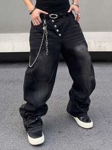 Manfinity Hypemode Men's Simple Front Button Pocket Casual Denim Jeans - Black - View 3