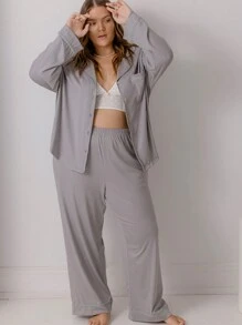 Aralina Curve Soft Jersey Relaxed-Fit Button Up Shirt And Wide-Leg Pants Lounge Set With Scrunchie